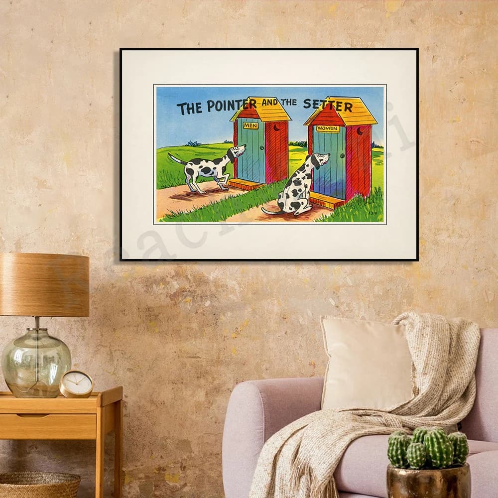 Stampe vintage per il bagno • Arte da parete vintage con cane alla toilette • Poster stampabile divertente con Dalmatini e English Pointer per lui e per lei