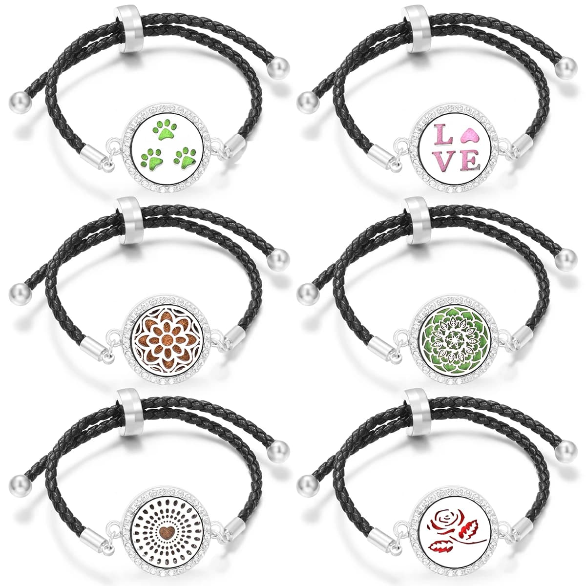 Aromatherapy diffuser Pink Flowers Women's Perfume Leather Bracelet Essential Oil Medal Open Spiral Strass Bracelet Jewelry