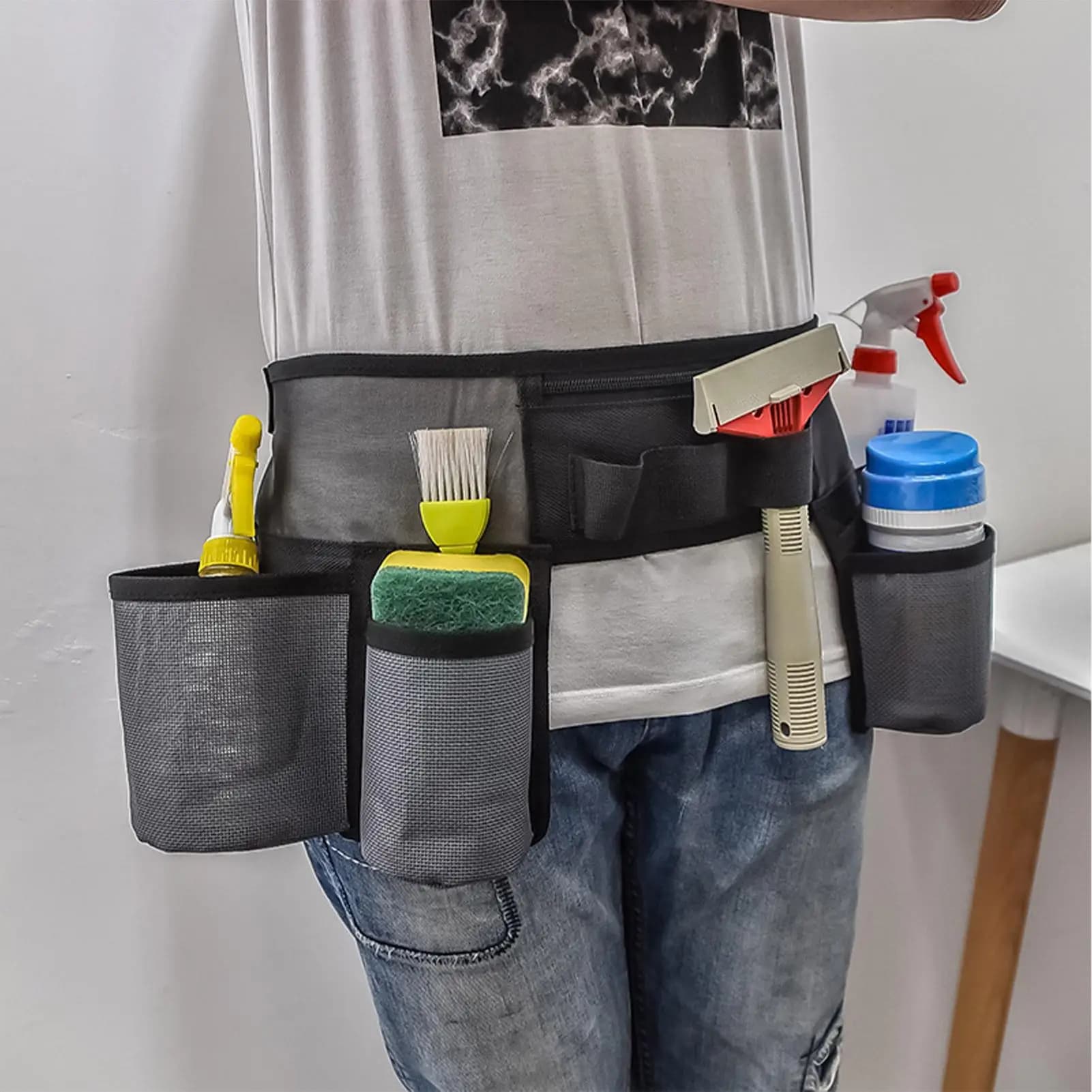 Grembiule da Pulizia con Cintura Regolabile, Borsa Porta Attrezzi Professionale Multi-Tasca, Fondina per Forbici e Spazzole, per Uomo e Donna