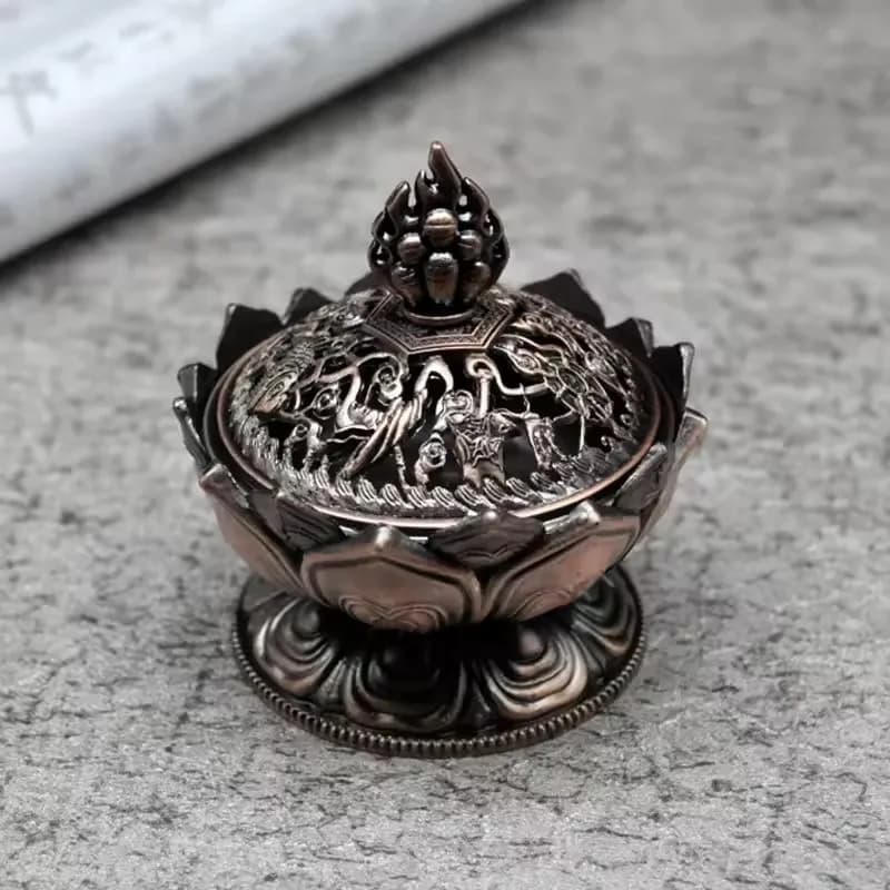 Bruciatore di incenso fiore di loto Buddismo Buddha Porta ottone Mini incensiere in legno di sandalo Incenso artigianale in metallo Decorazione della casa