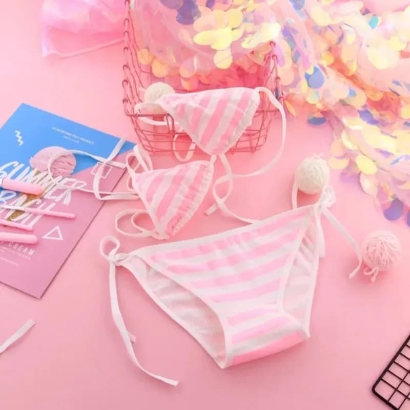 Women's Sexy Japanese Lolita Kawaii Striped Mini Bikini Set Adult Cosplay Bra & Swimsuit