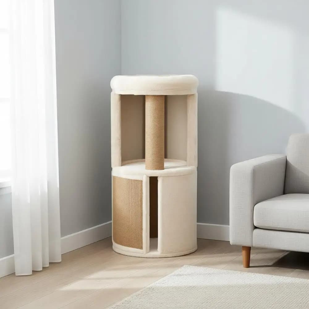 Tiragraffi per Gatti con Pali in Sisal Spesso, Grotte, Piattaforme e Giocattolo Sospeso – Arredo Durevole per Gatti da Interno – Beige, 40 x 40 x 7,5 cm