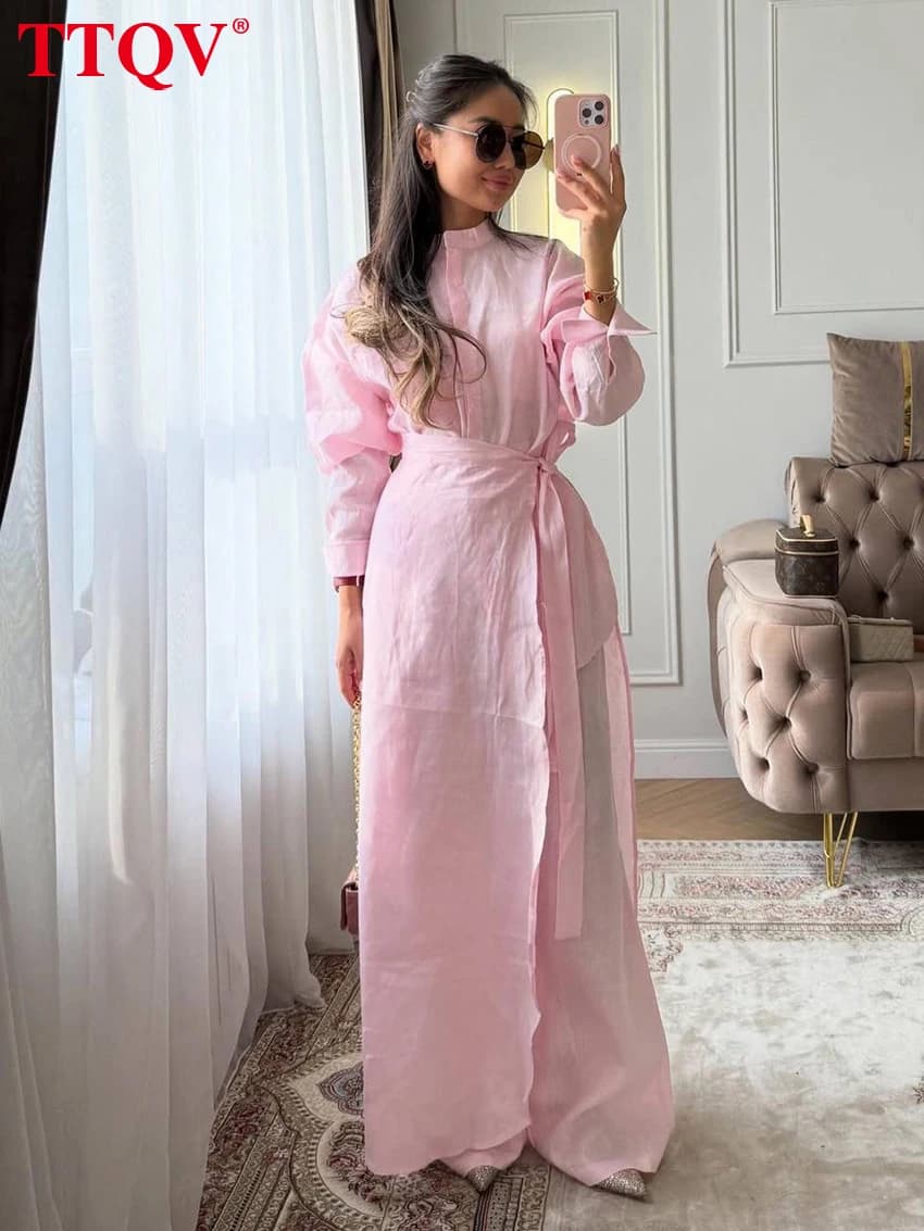 TTQV Fashion Loose Pink Cotton 3 Piece Set Women 2026 Elegant Long Sleeve Blouses + Skirt With High Waist Wide Pants Set Female