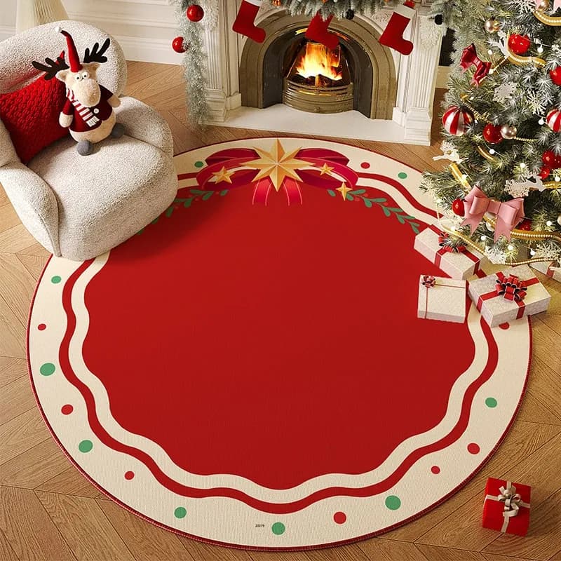 Round Living Room Carpet Anti-slip Stain-resistant Floor Mat Comfortable Loop Pile TPR Rug Red Christmas Tree Decor Festive Rugs