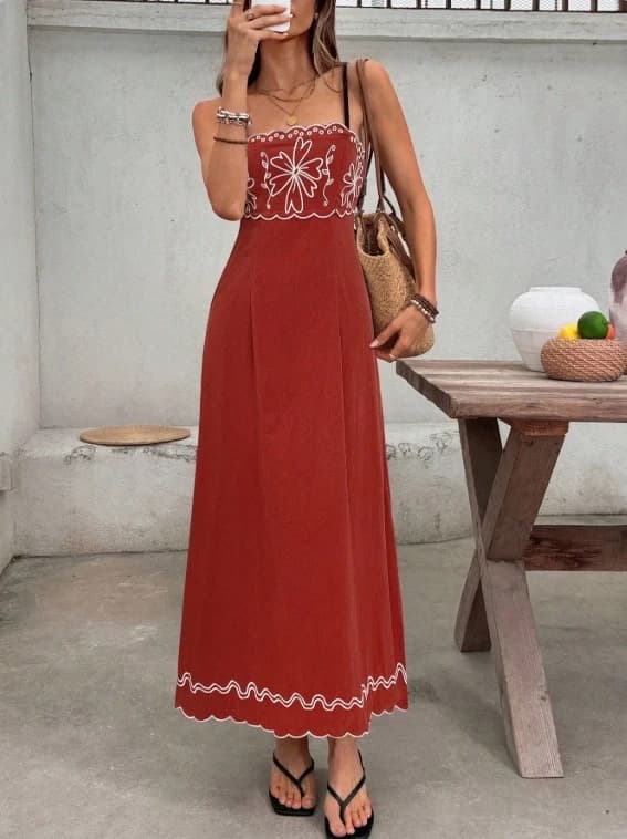 Fashionable Sexy Embroidered Strapless Dress Long A-Line Skirt High Waist No Brand Sleeveless Evening Gown for Date And Daily...