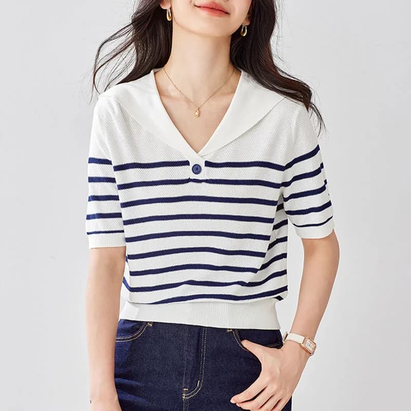 Maglione Lavorato a Maglia da Donna, Nuovo Pullover Estivo con Colletto alla Marinara, Top a Maniche Corte a Righe Q4267