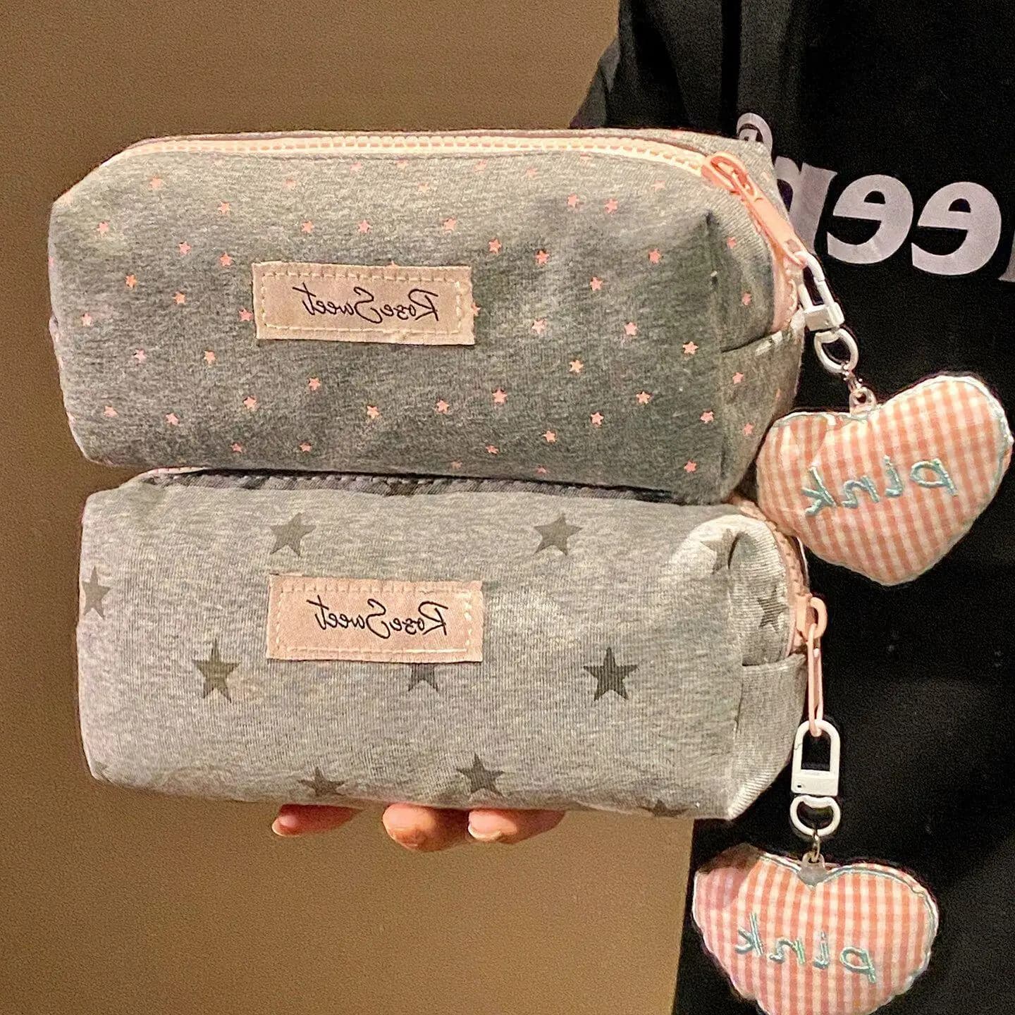 Light Gray Star Pencil Case with Cute Printed Large Capacity Pencil Storage Bag, Student cartoon High Aesthetic Stationery Bag