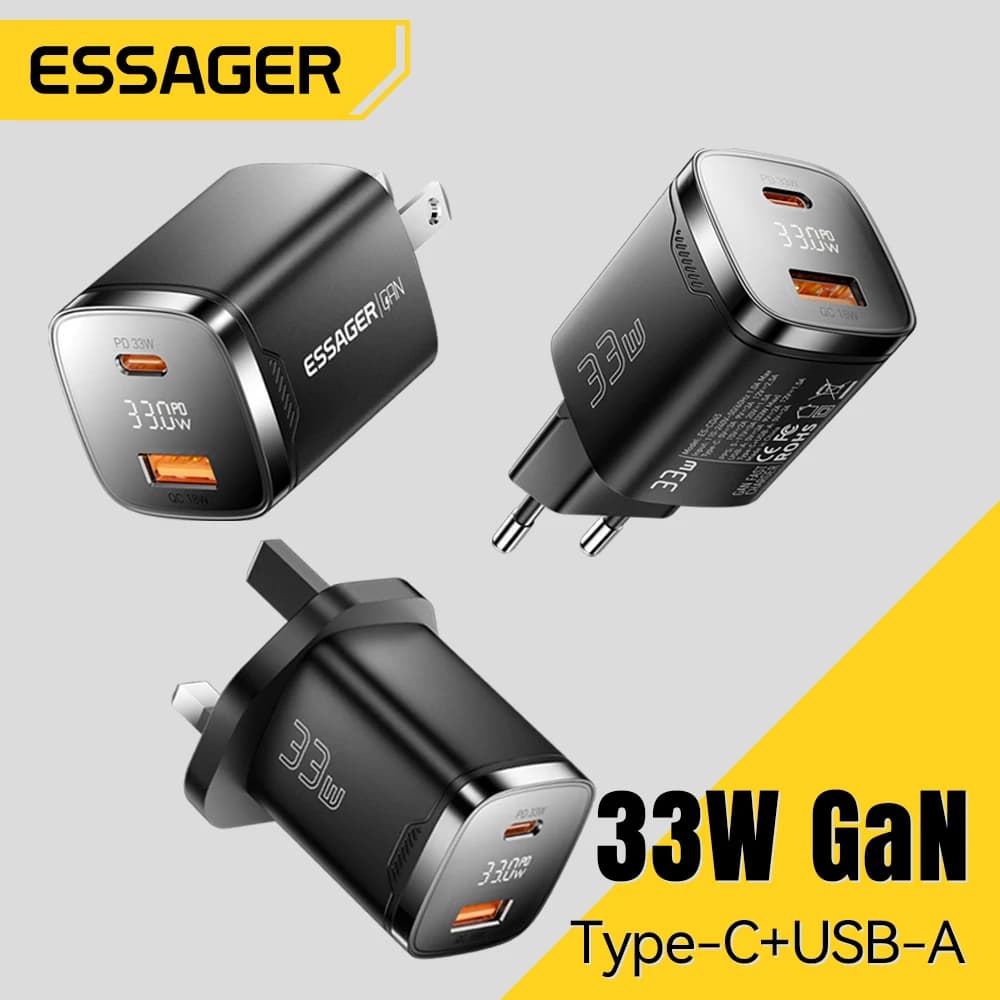 Essager 33W GaN USB Type C Charger Digital Display PD Fast Charging For iPhone 16 15 14 Pro Max iPad Mini 6 Xiaomi Samsung S22
