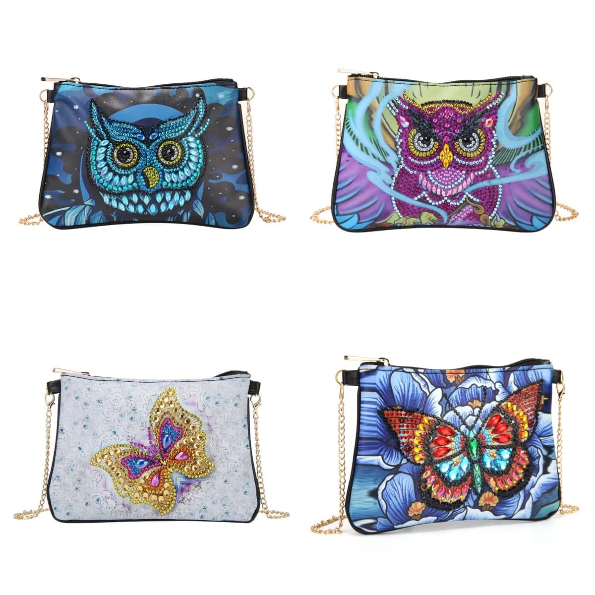 1 set artistico con pittura diamante fai-da-te, borsa a tracolla con catena a spalla singola con motivo gufo e farfalla, adatta per uscire