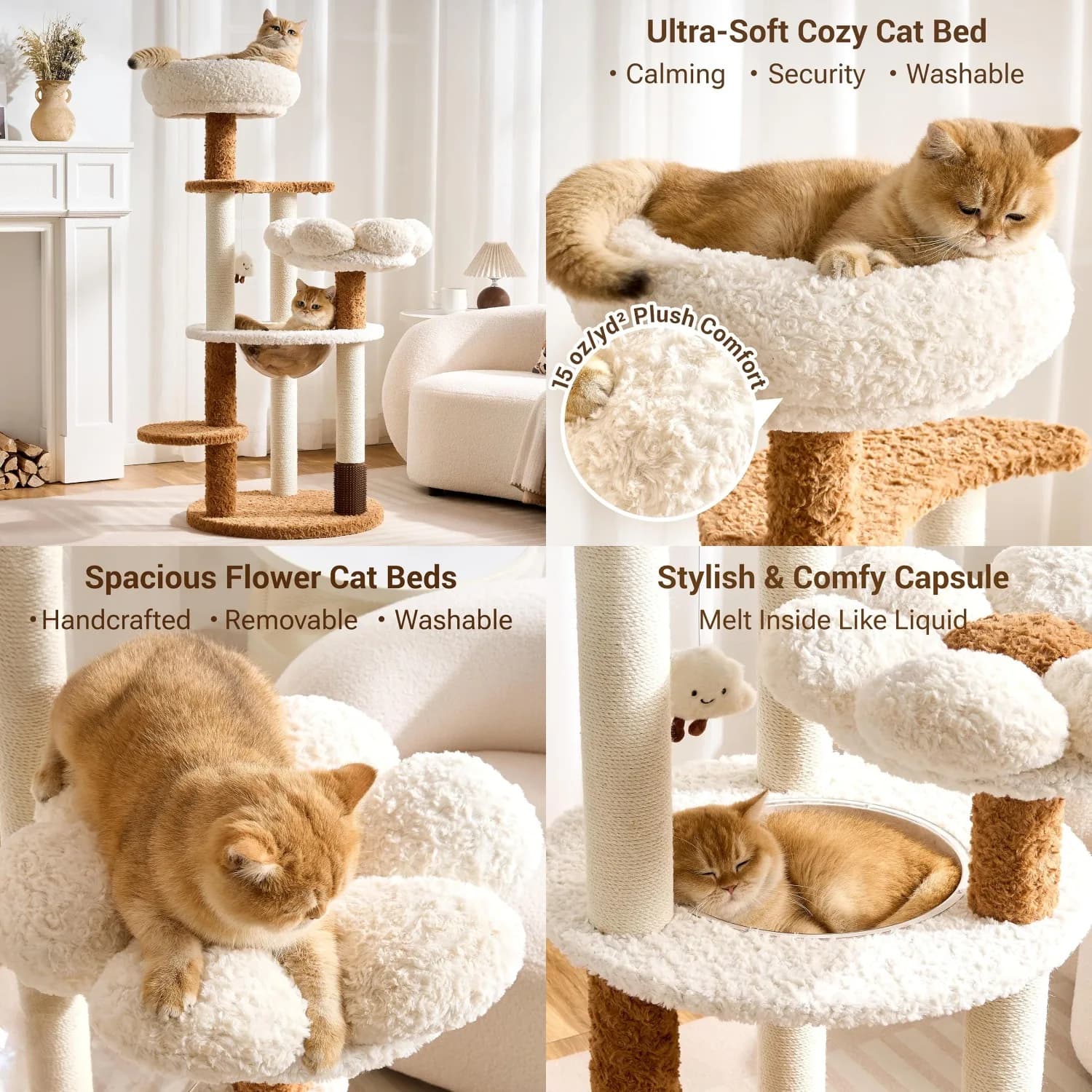 Albero per Gatti Moderno con Tiragraffi per Gatti da Interno fino a 6,8 kg, Albero per Gatti Alto 128 cm con Fiore/Gatto Peloso, Personalizzabile