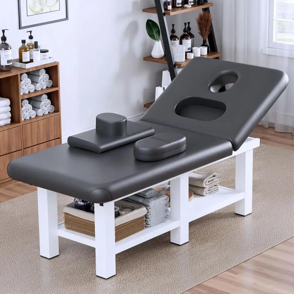 Lettino da Massaggio Durevole con Schienale Regolabile, Ampio Poggiatesta, Vano Portaoggetti, Supporto a 6 Gambe, in Pelle PU per Spa, Estetica, Chiropratica
