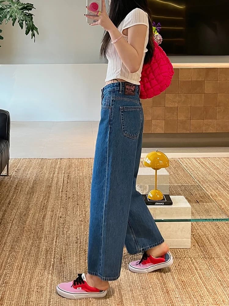 High Waist Wide Leg Straight Cut Blue Jeans Women's Spring Summer New Style Comfortable Cotton Anti-Wrinkle Commute Friendly