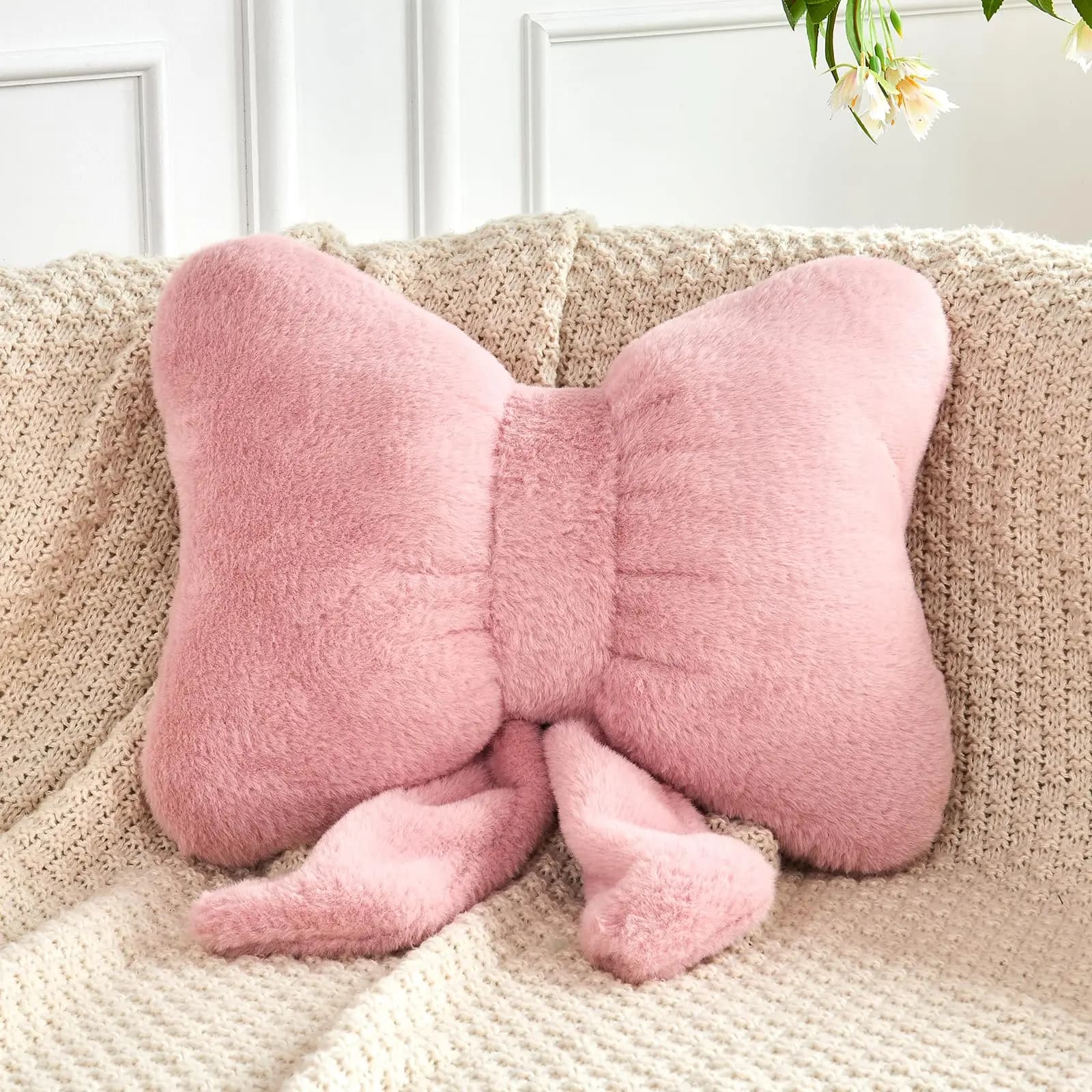 Cuscino con fiocco rosa polvere, cuscini decorativi con fiocco morbido con pelliccia di coniglio finta, simpatici cuscini con fiocco da 12", fiocco estetico per la decorazione della casa