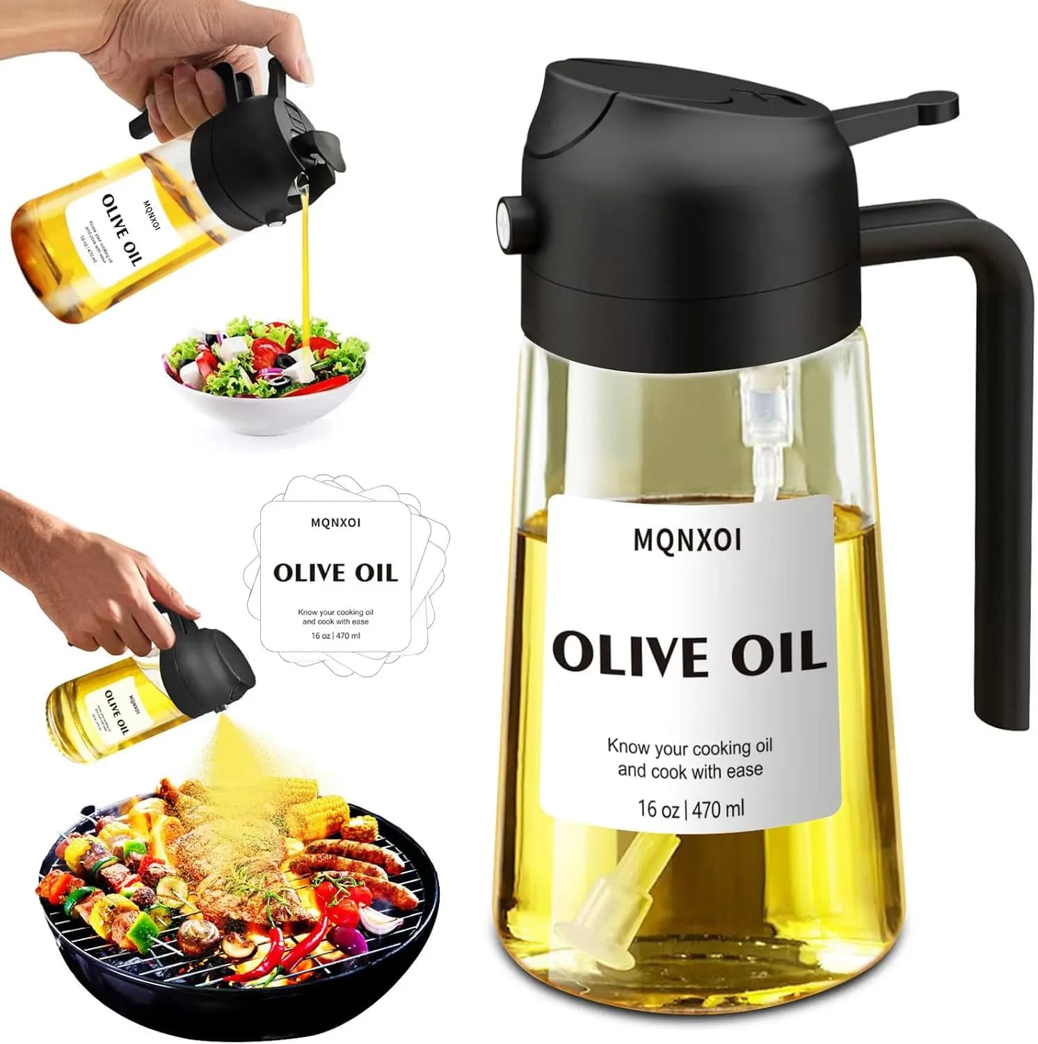 Spruzzatore e Dispenser di Olio in Vetro 2-in-1, 16oz/470ml per Cucina, Friggitrice ad Aria, Insalata - Gadget da Cucina con Adesivi (Nero)