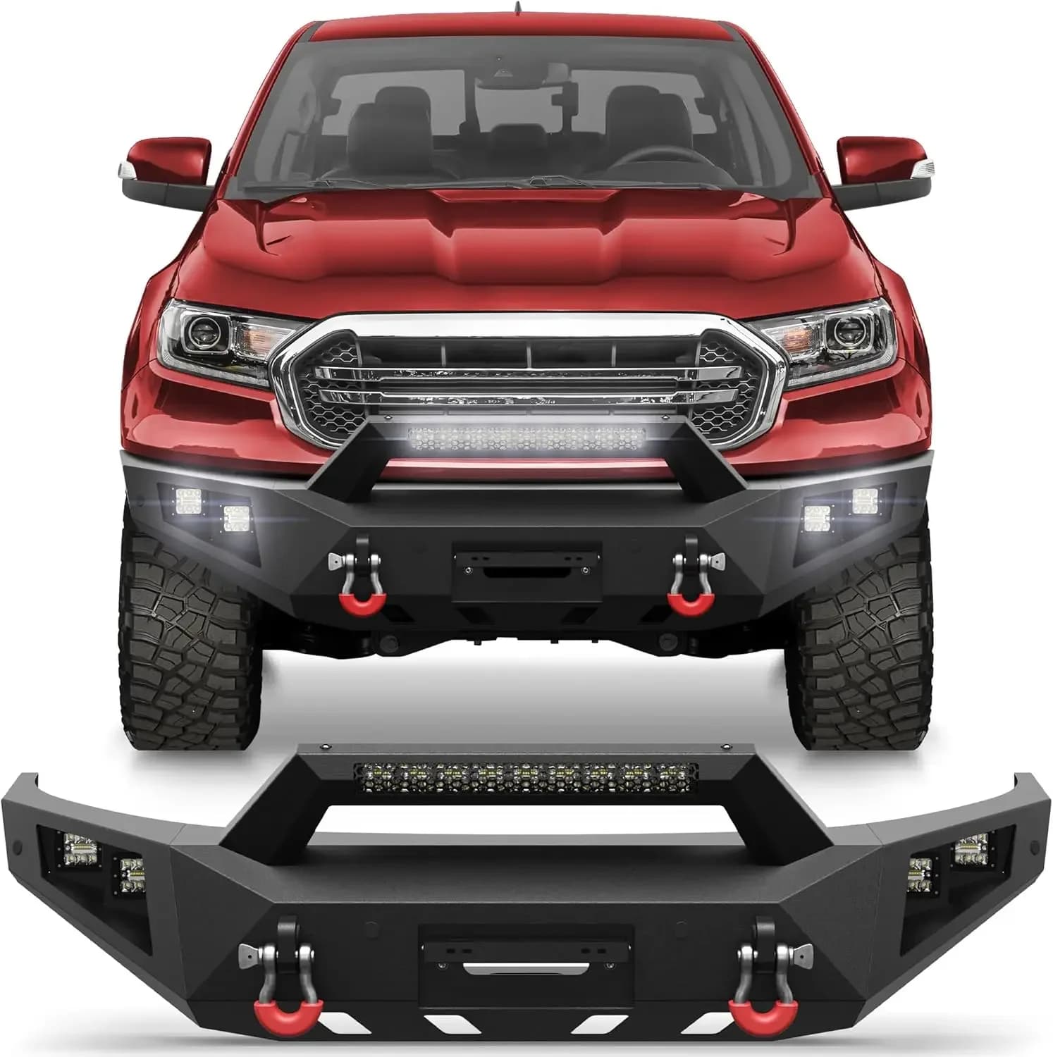 Paraurti Anteriore per Ford Ranger Pickup 2019-2023 (Escluso Wildtrak) con Piastra per Verricello, Luci LED, Anelli a D e Supporto Targa