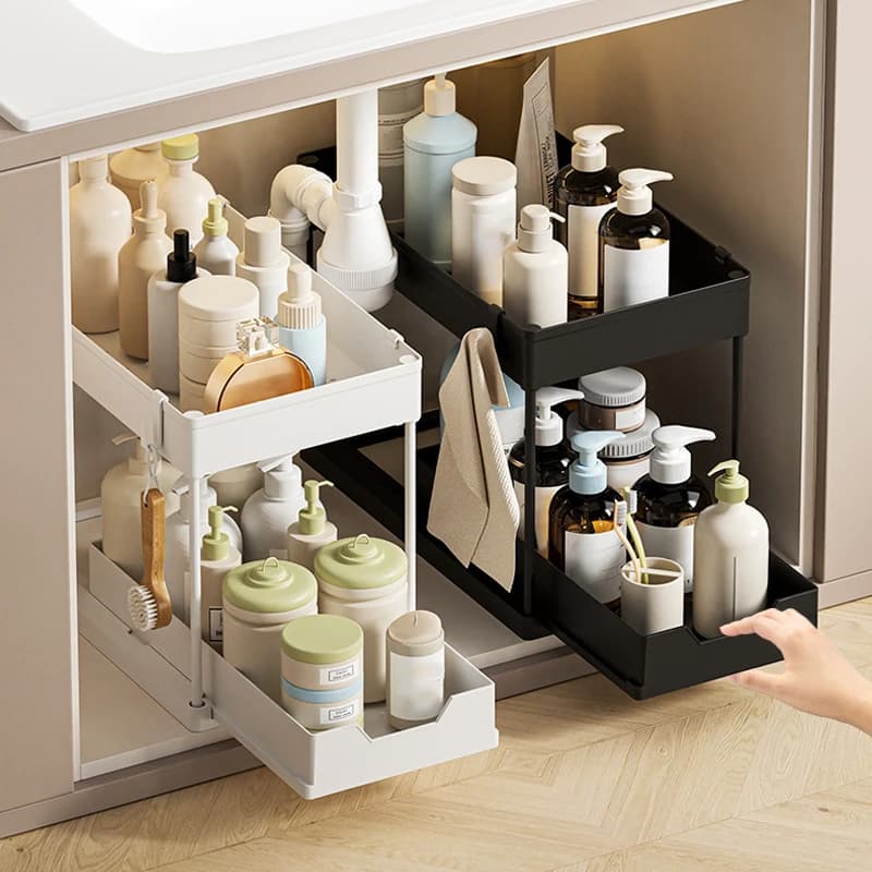Organizzatore Sottolavello a 2 Livelli con Cassetto Scorrevole, Ganci e Porta Utensili - Scaffale Multiuso per Cucina e Bagno
