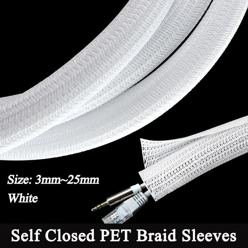 White Self-Closed Cable Sleeve PET Braid 3 5 8 10 13 16 19 25mm High Protection Insulated Power Cord Wrap Sheath Split Sleeving