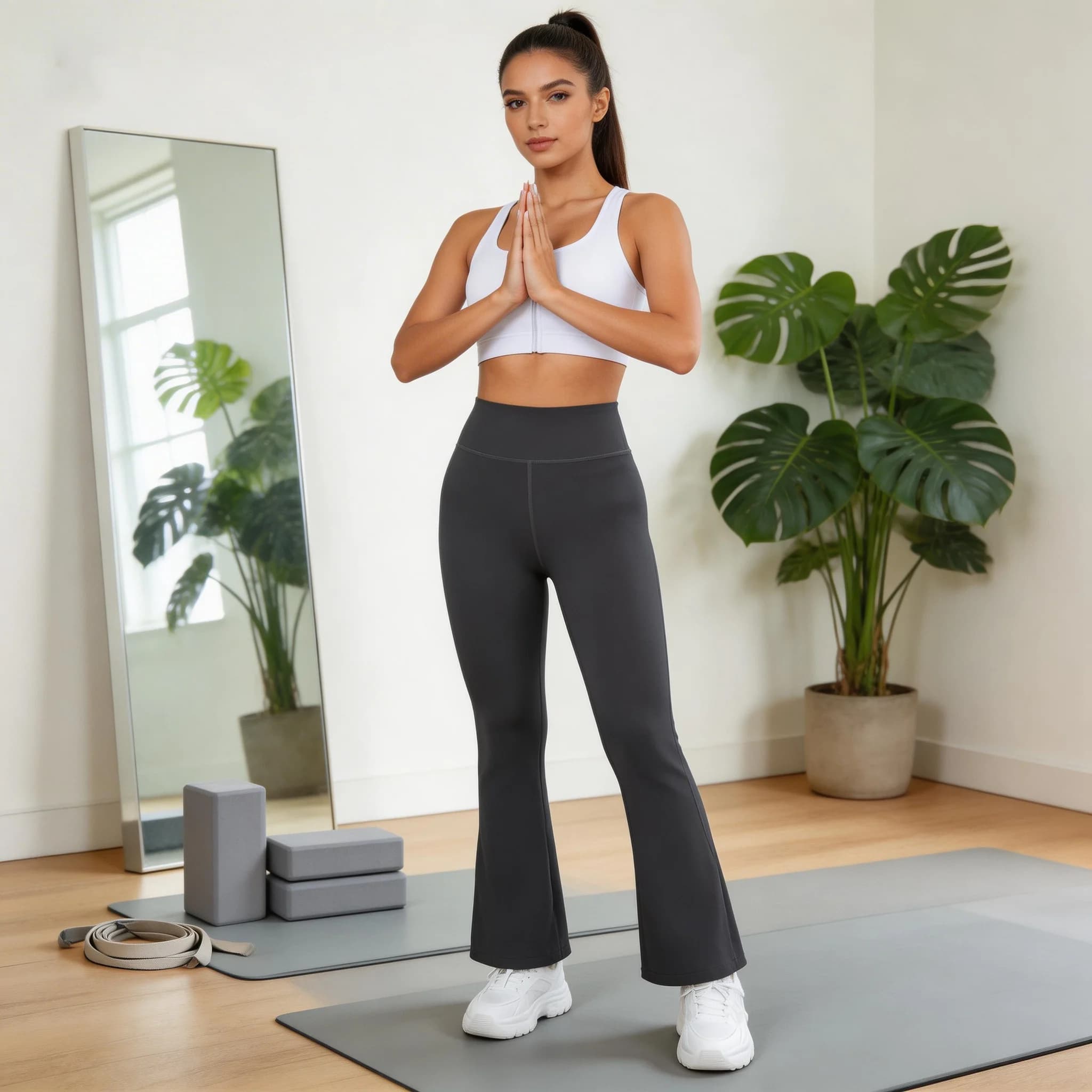 Women's wide leg yoga pants: high waist, elasticized, push-up effect, for Pilates training, fitness, casual clothing, Hei