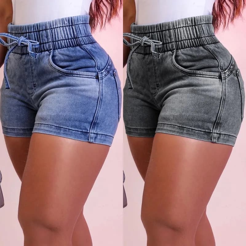 2026 Nuovi pantaloncini di jeans patchwork aderenti primaverili ed estivi. Pantaloncini di jeans casual con lacci a vita alta elastici da donna sexy