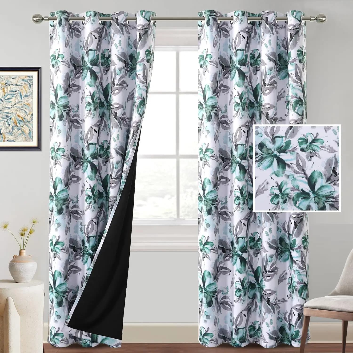 Tende Oscuranti Floreali per Camera da Letto, Tende Stampate Verde Grigio per Soggiorno, Drappeggi con Fiori ad Acquerello