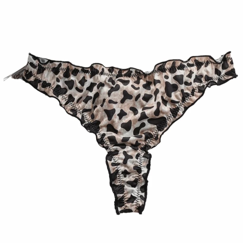 Fashion Cotton Crotch Ice Silk Panties Mid Waist Seamless Leopard Print Thong Ruffle Underwear Women's Summer Briefs Lady