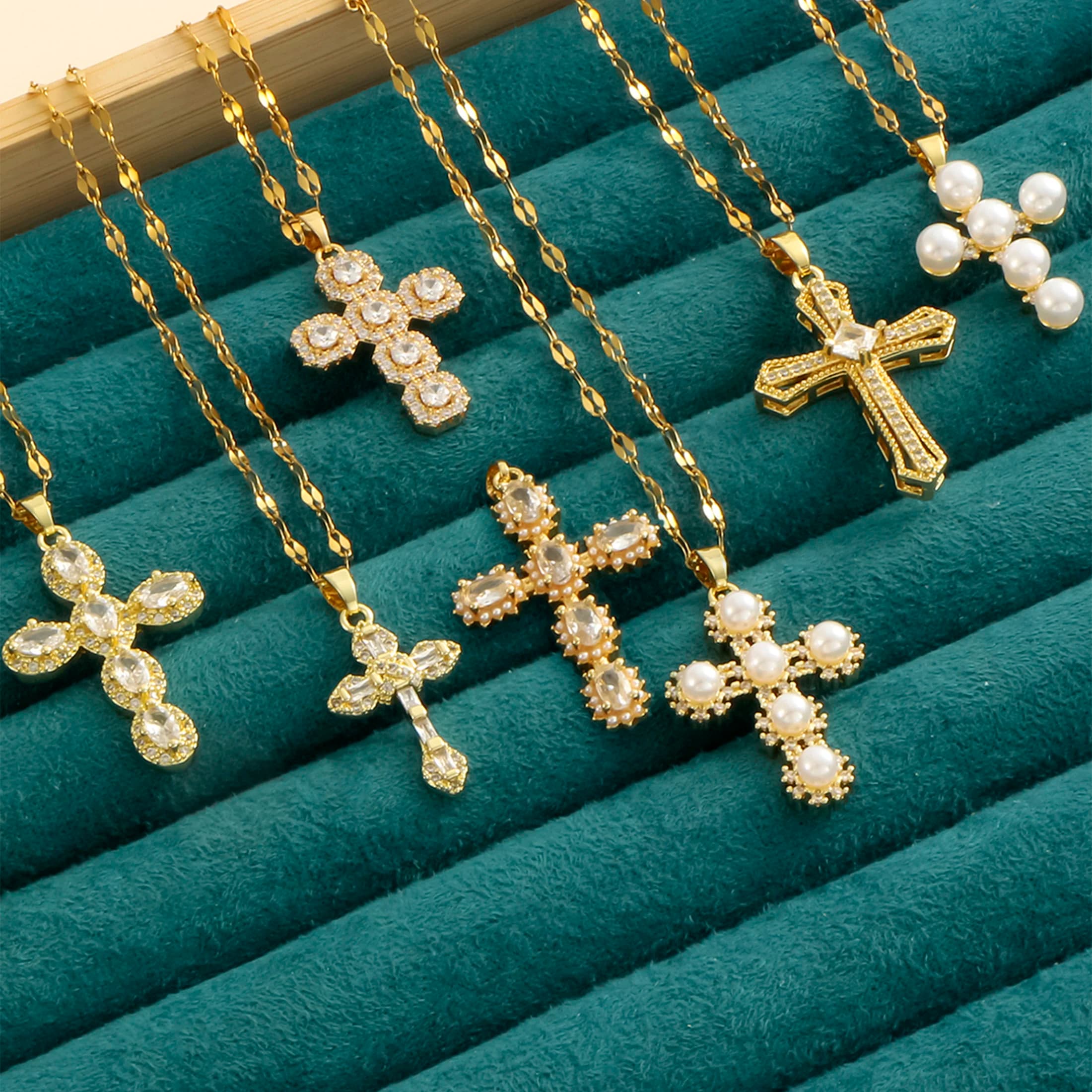 1 pearl shell inlaid zircon cross pendant for women's sexy style stainless steel plated 18k gold necklace