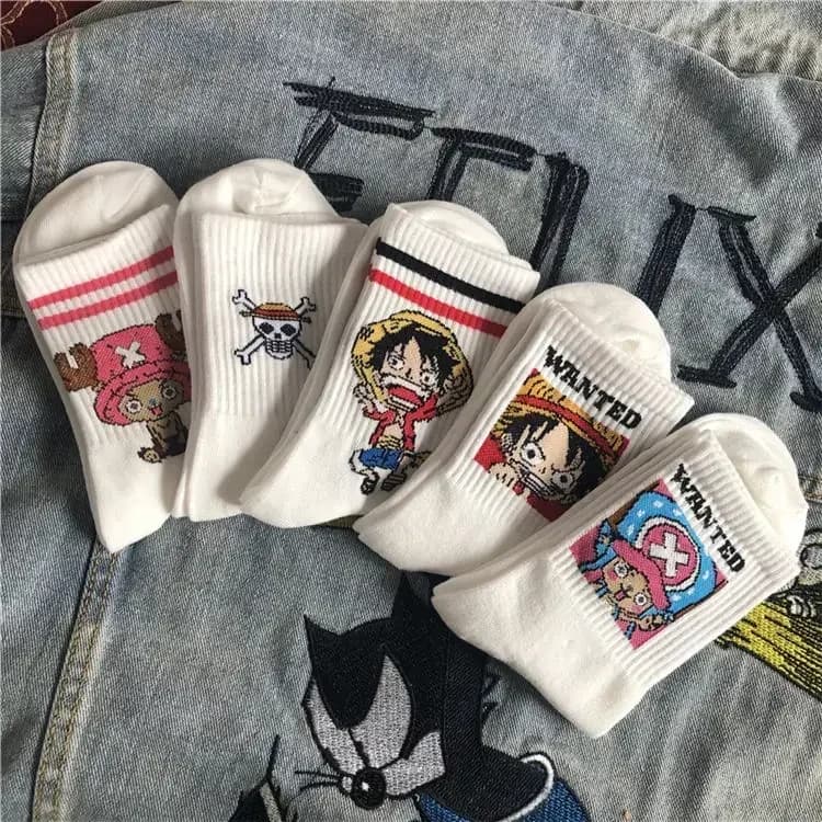 5 pairs of socks whole souls cartoon Rufy Chopper student cotton white short long socks by boat knitted socks printed gift for children