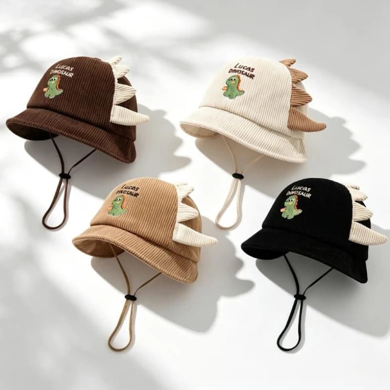 Cute Baby Sun Hat Spring Autumn Lightweight Dino Bucket Hats Wide Brim Toddler Caps With Windproof Rope for Boys Girls