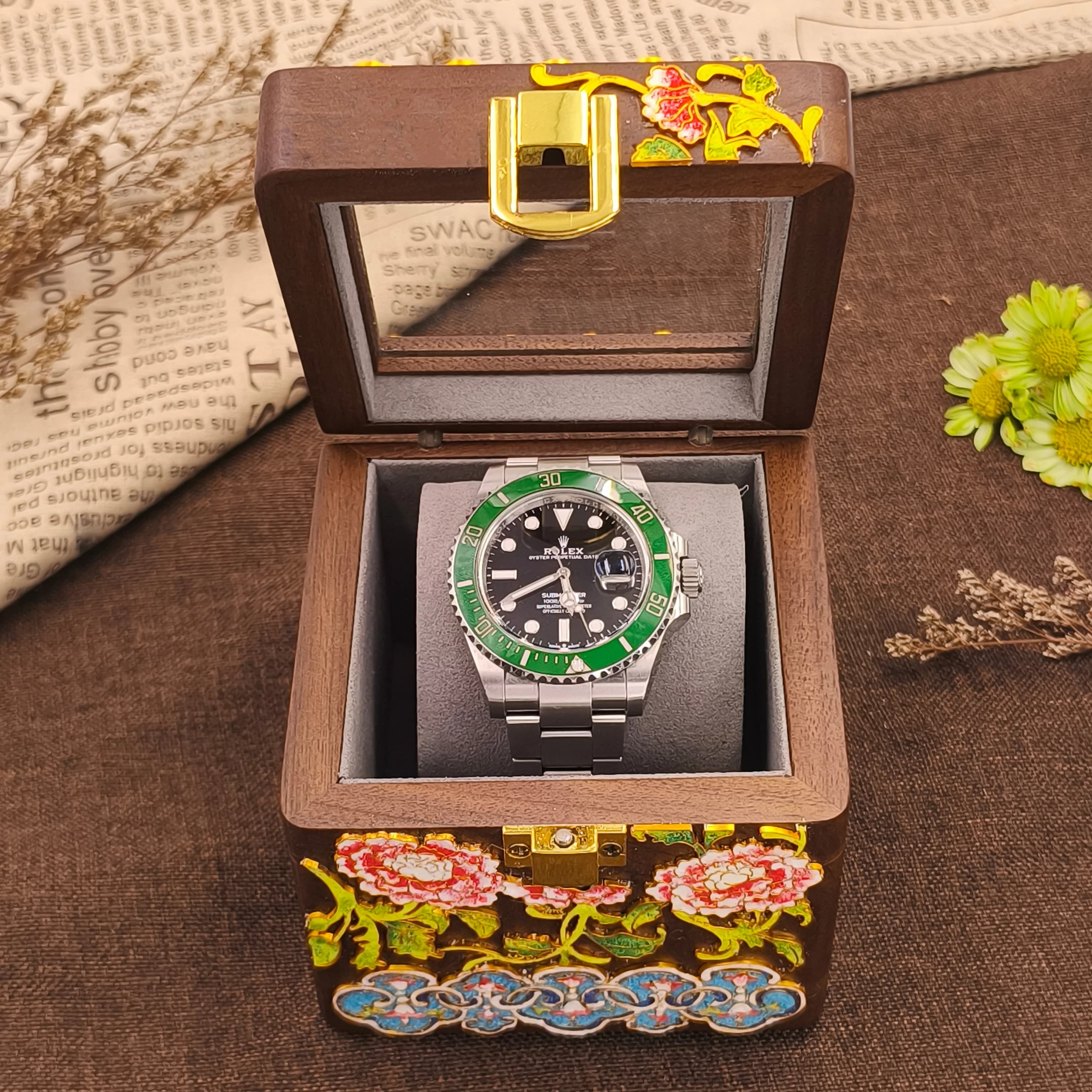 Luxury Handmade Cloisonne Walnut Wood Watch Box - Single Watch Display & Storage Case