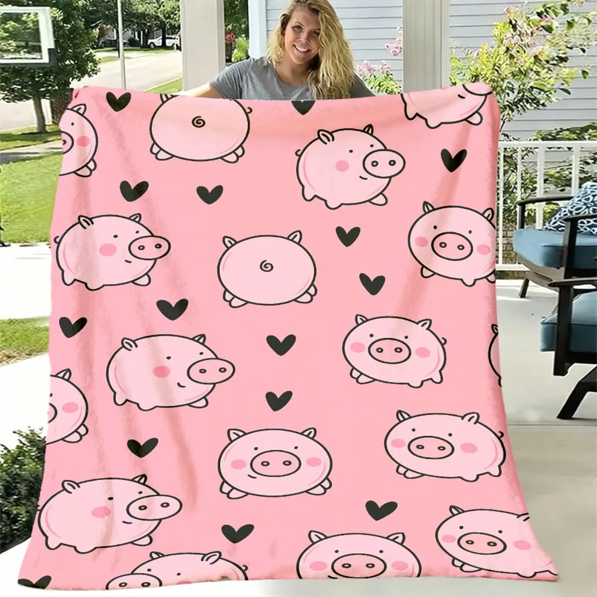 Soft Flannel Blanket Adorable Cartoon Piggy Pink Background Heart Art Design Lightweight Throw Blanket for Couch Bed Camping