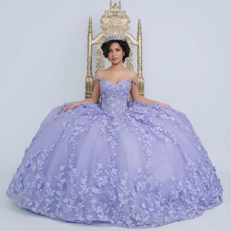 Abito Quinceanera lavanda Glitter di cristallo Farfalla Decalcomania con spalle scoperte Coda lunga Abiti da 15 Quinceanera Personalizza