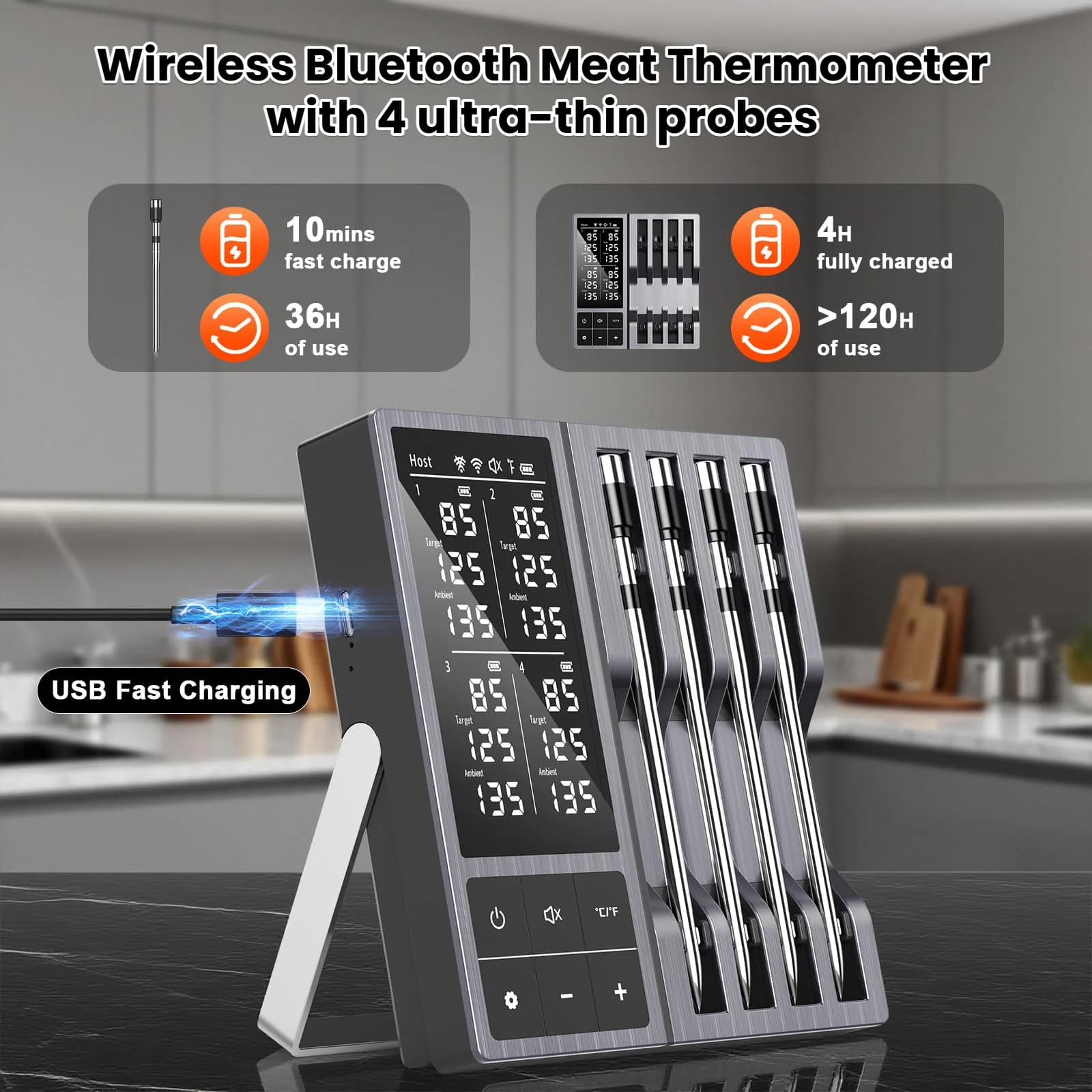 Wireless Bluetooth Meat Thermometer with 4 Probe Support Smart Timer & APP Temperature Alerts, for BBQ, Oven, Smoker.