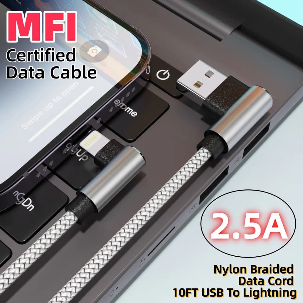 3m Long USB To Lighting Cable Right Angle Adapter Data Charger Cord For iPhone13 12 11 Pro Max Xs 8 Plus iPad Cable 2.4A