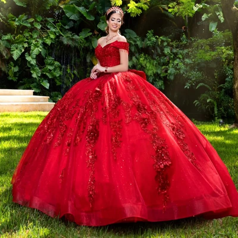 Abiti Quinceanera rossi con spalle scoperte Abito da ballo dolce 16 Abito con perline Crytal Applique Fiocco in pizzo Tull Festa di compleanno Abiti 15