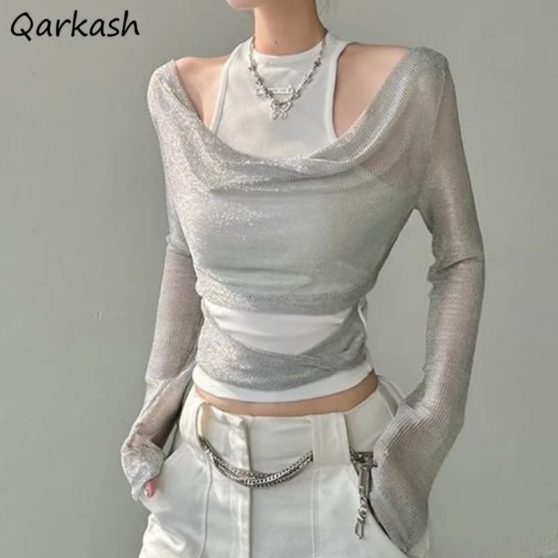 Set da strada per donna 2 pezzi Canottiere skinny minimaliste T-shirt trasparenti estive Sottile solido All-match Moda Hot Girls Mesh