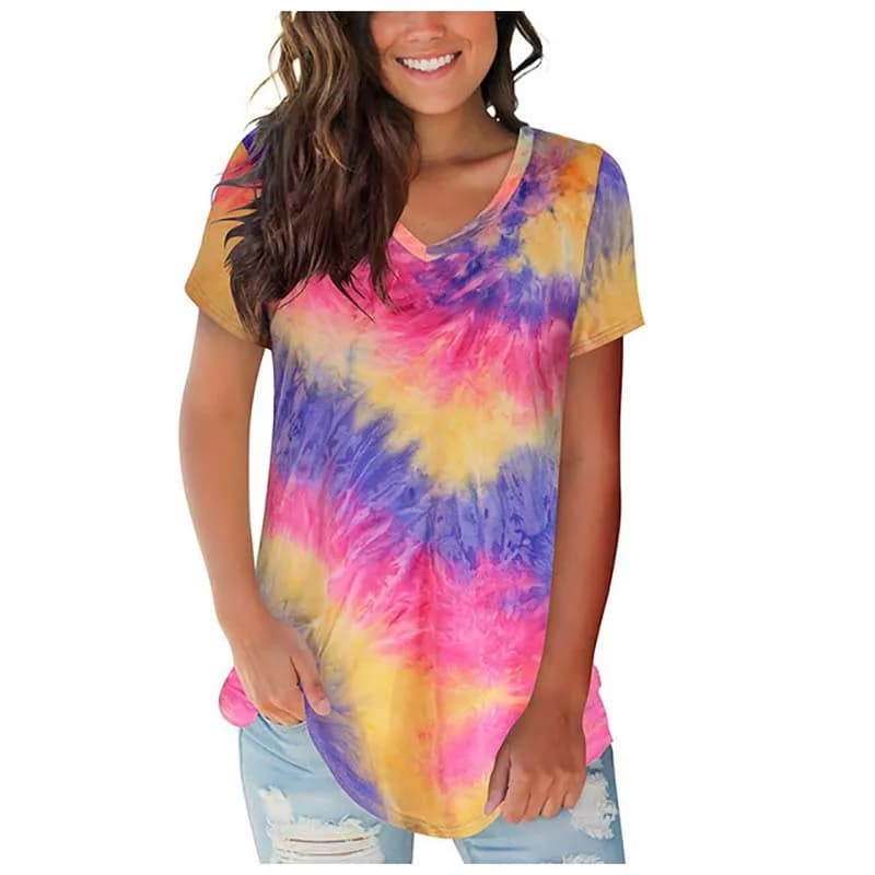 Colorful Tie Dye 3D Print T-shirts Summer Women V-Neck Casual T Shirt Y2k Tops Harajuku Streetwear Oversized Tee Woman Clothing