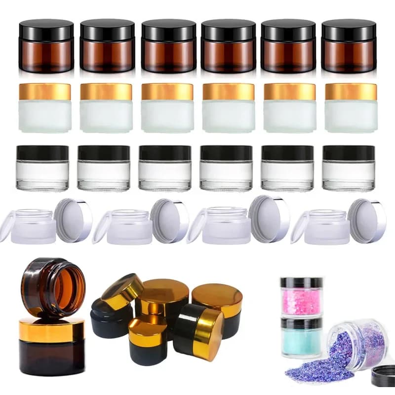 20 pezzi di vasetti rotondi in vetro da 5g/10g/20g/30g/50g con rivestimenti interni, vasetti campione per balsamo labbra, lozioni, creme, ombretti, polveri per unghie, gel.