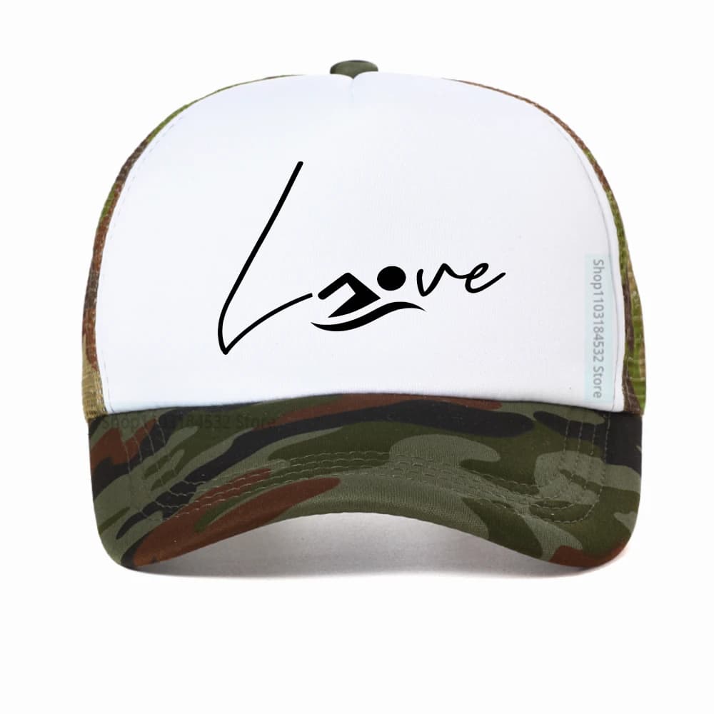 Cappellino da baseball con grafica divertente Heartbeat I Love Swimming, unisex, nuovo, con rete traspirante, modello trucker.
