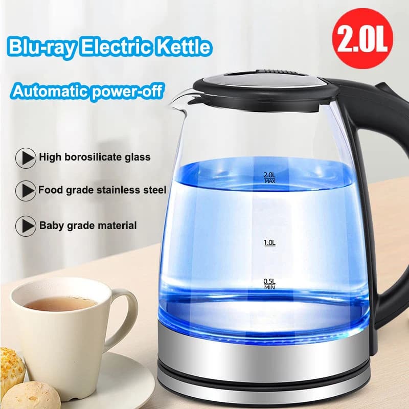 Bollitore elettrico in vetro blu-ray da 2 litri bollitore automatico in acciaio inossidabile per la casa pentola multifunzionale per la salute dell'ebollizione del tè