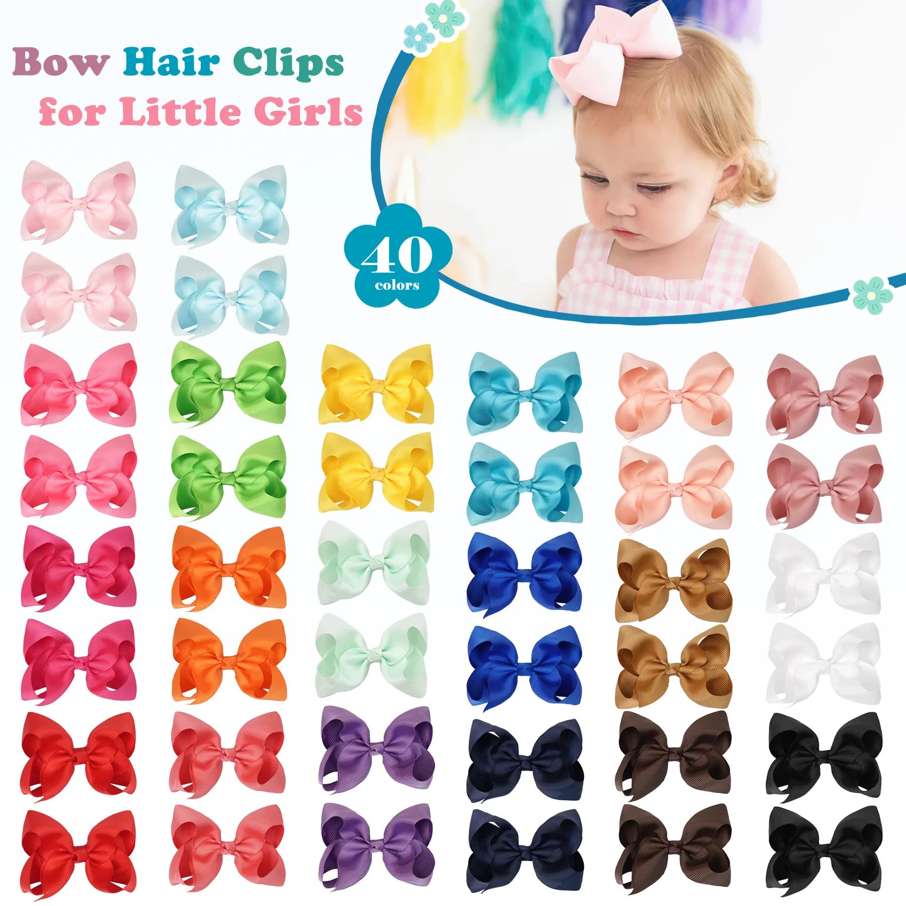 20 Pezzi Fermagli per Capelli con Fiocco in Nastro Grosgrain da 4,5'' per Bambine, Accessori per Capelli Fatti a Mano