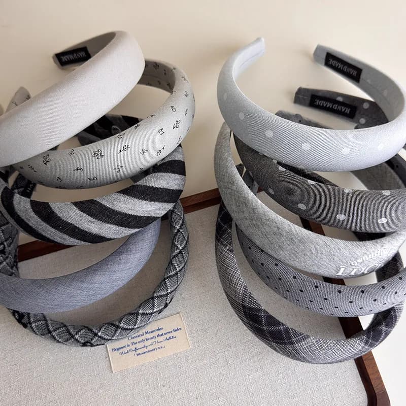New Retro Grey Series Headbands Polka Dots Stripes Wide Hair Band Womans Temperament Hair Hoop Lady Winter Fashion Accessories