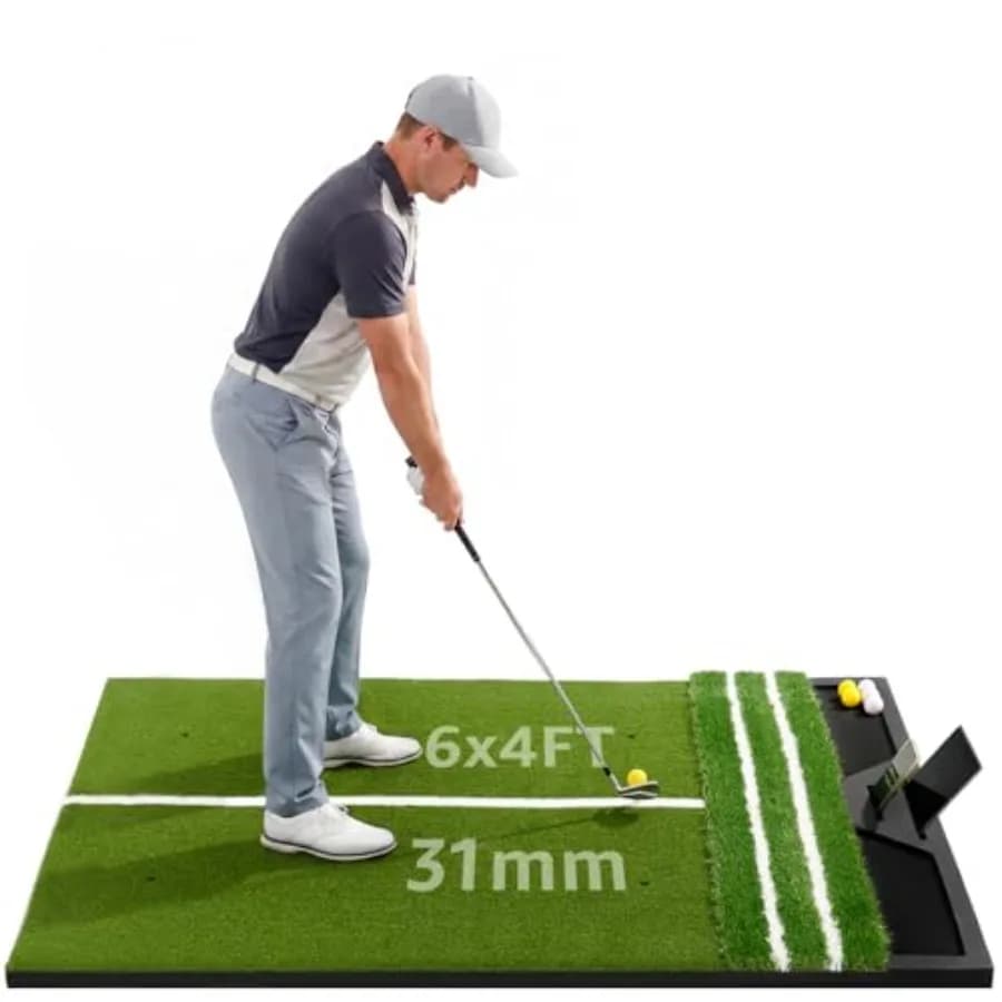 Tappetino da Golf 6x4ft, Spessore 26mm - 31mm, Tappeto da Pratica Rinforzato con Supporto per Telefono e Vassoio Porta Palline, Simulatore di Golf con Erba Sintetica e Linea di Allineamento per Driving, Chipping e Swing