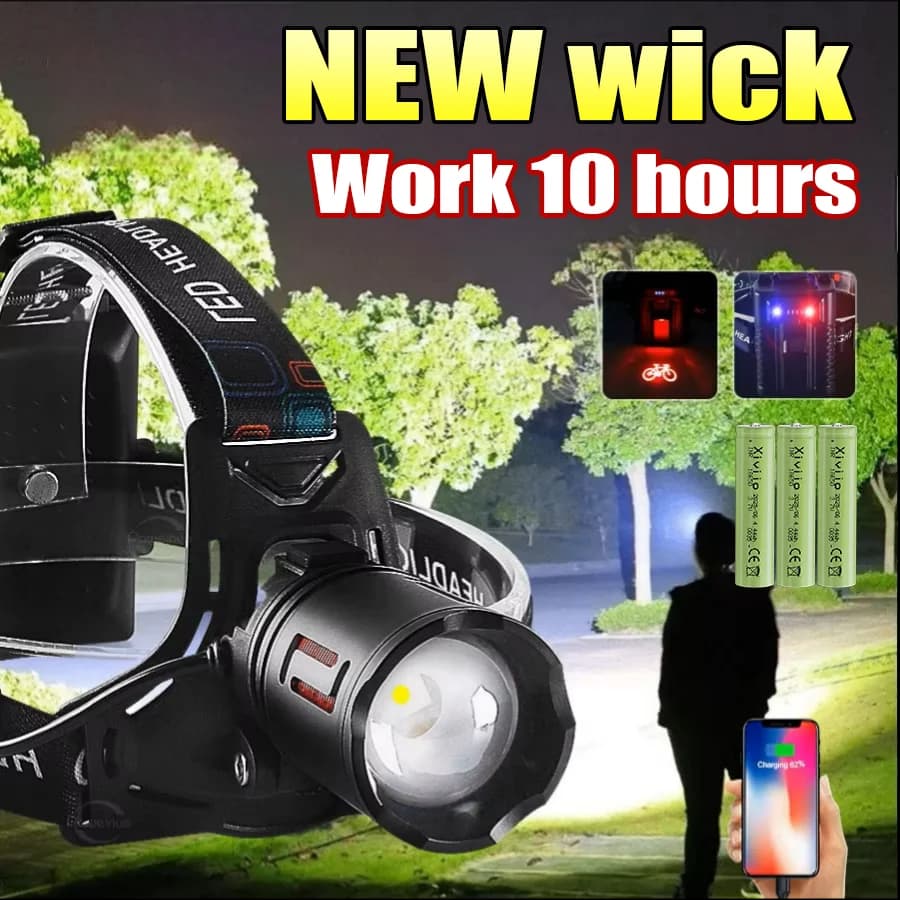 Torcia Frontale Super Luminosa Ricaricabile USB, Potente Luce Tattica per Pesca e Attività all'Aperto