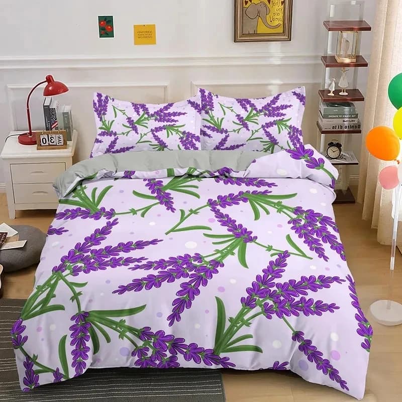 Botanical Lavender Duvet Cover Queen Purple Floral Bedding Set Microfiber Violet Lavender Flowers Comforter Cover for Girl Boys