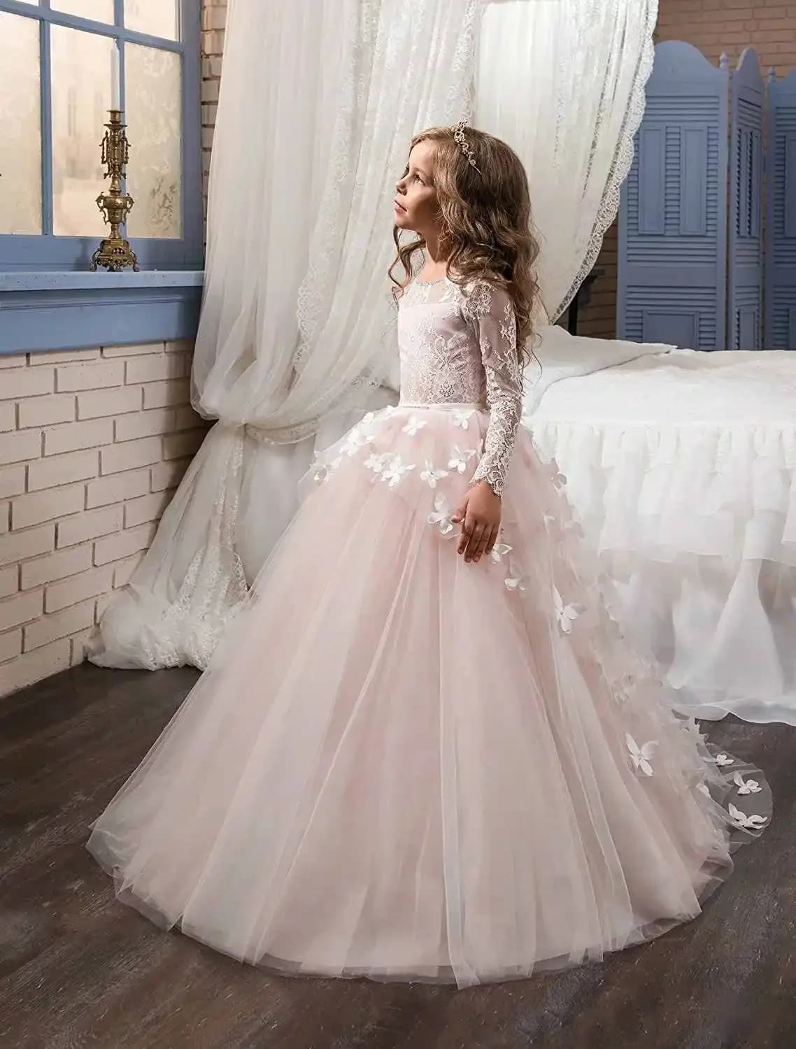 Abito da ragazza di fiori personalizzato con maniche lunghe in pizzo e applicazioni a farfalla, gonne da principessa in tulle, abito da spettacolo, abito da prima comunione