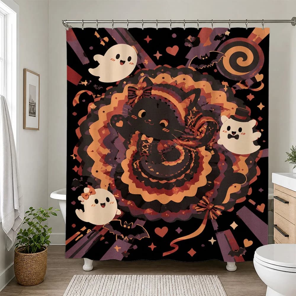 Cute Kawaii Halloween Bathroom Shower Curtain Spooky Fun Ghost Cat Pumpkin Autumn Decor