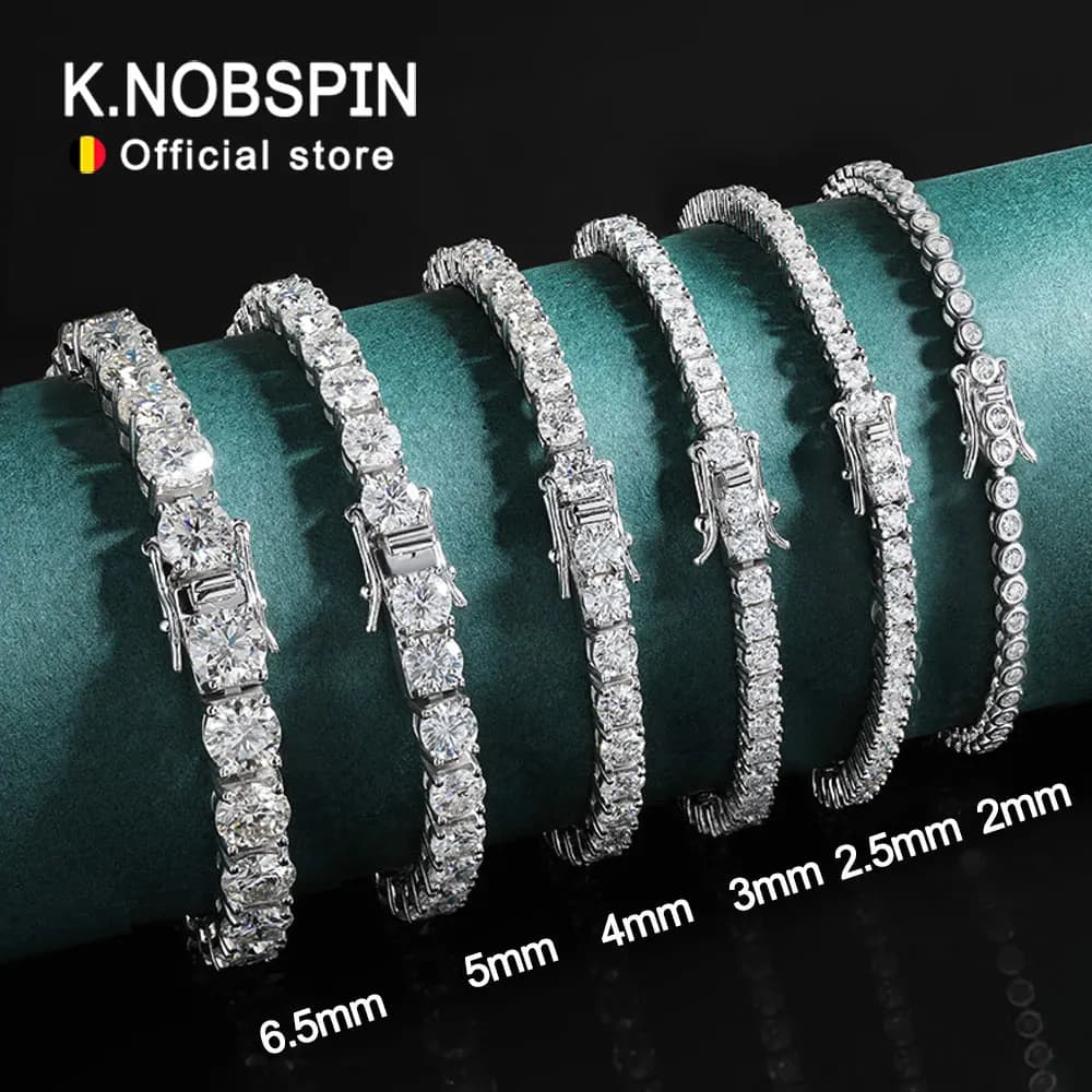 KNOBSPIN bracciale Tennis Moissanite da 2mm bracciale in argento Sterling 925 placcato oro bianco per donna uomo gioielli da festa scintillanti