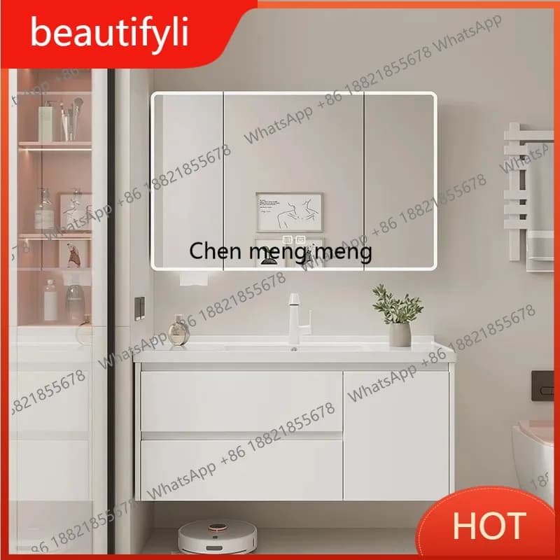 Mobile bagno A139 con lavabo, cassetti contenitore, specchio intelligente e mobiletto lavamani