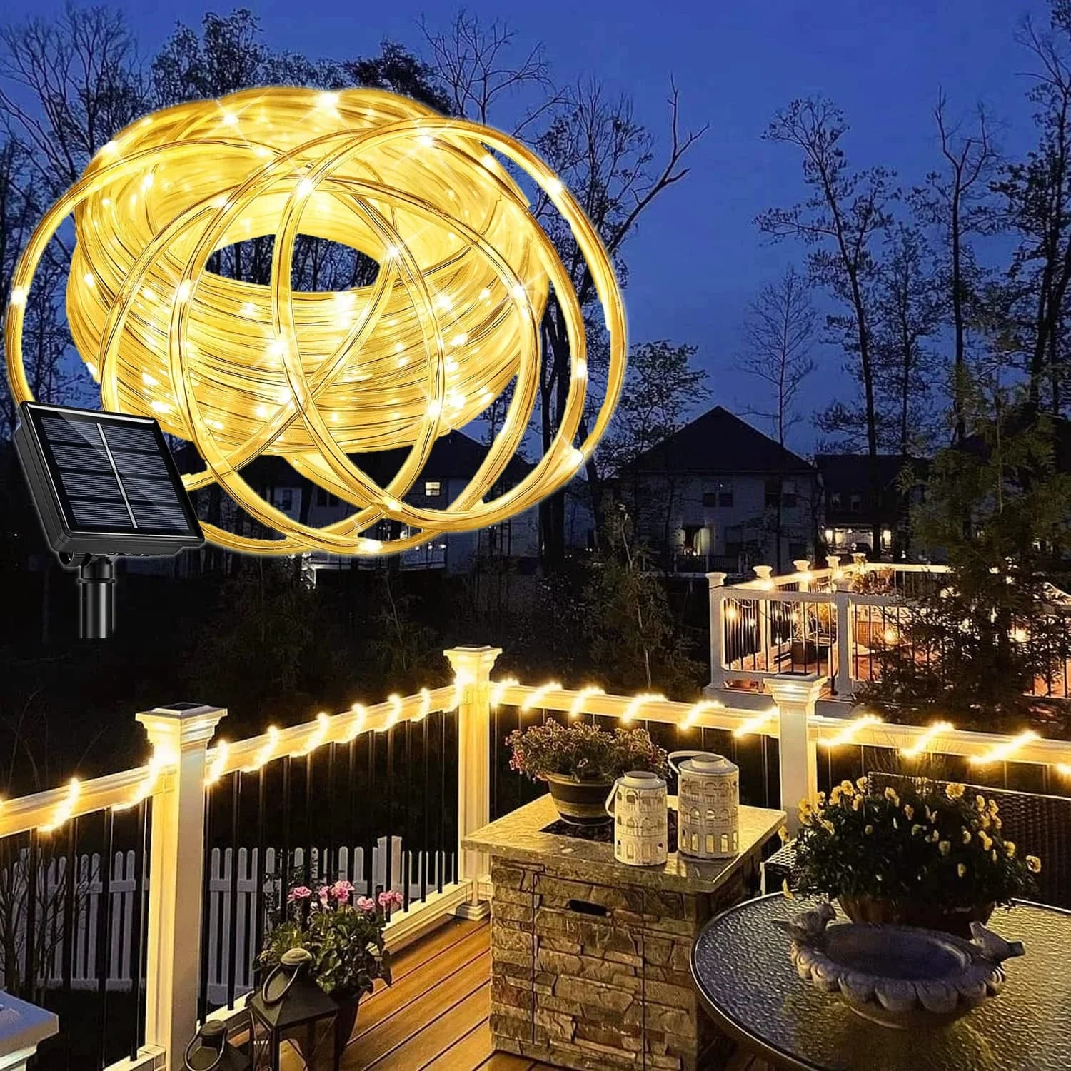 Luci Solari a Corda, Luci LED Solari per Sentieri e Terrazze, Luci Solari a Stringa per Giardino, Strisce Luminose Impermeabili per Esterni, 8 Modalità di Illuminazione