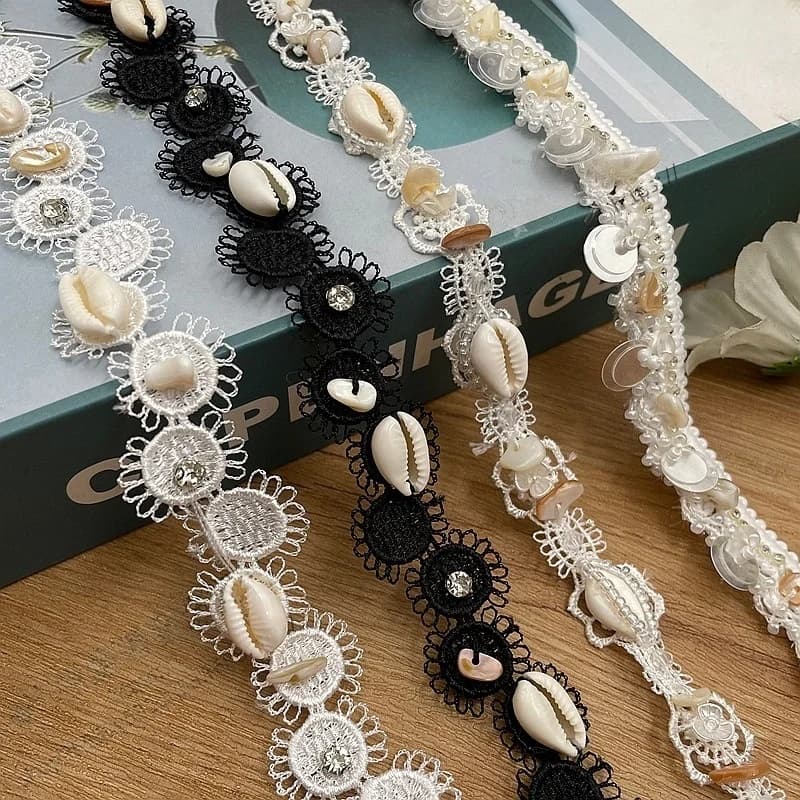 1 metro di pizzo traforato con perline e decorazioni a conchiglia per gonne da ballo, costumi, abbigliamento, accessori per cucito, passamaneria in pizzo